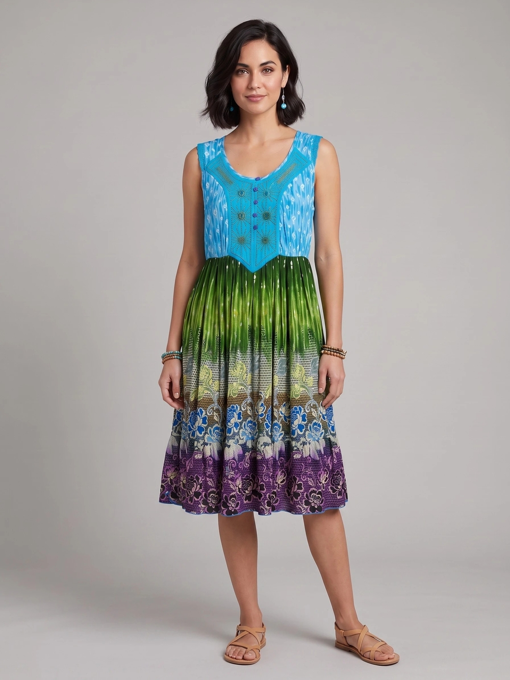 Forbidden Boho Multicolor Floral Midi Dress - Blue, Green & Purple Women's Large